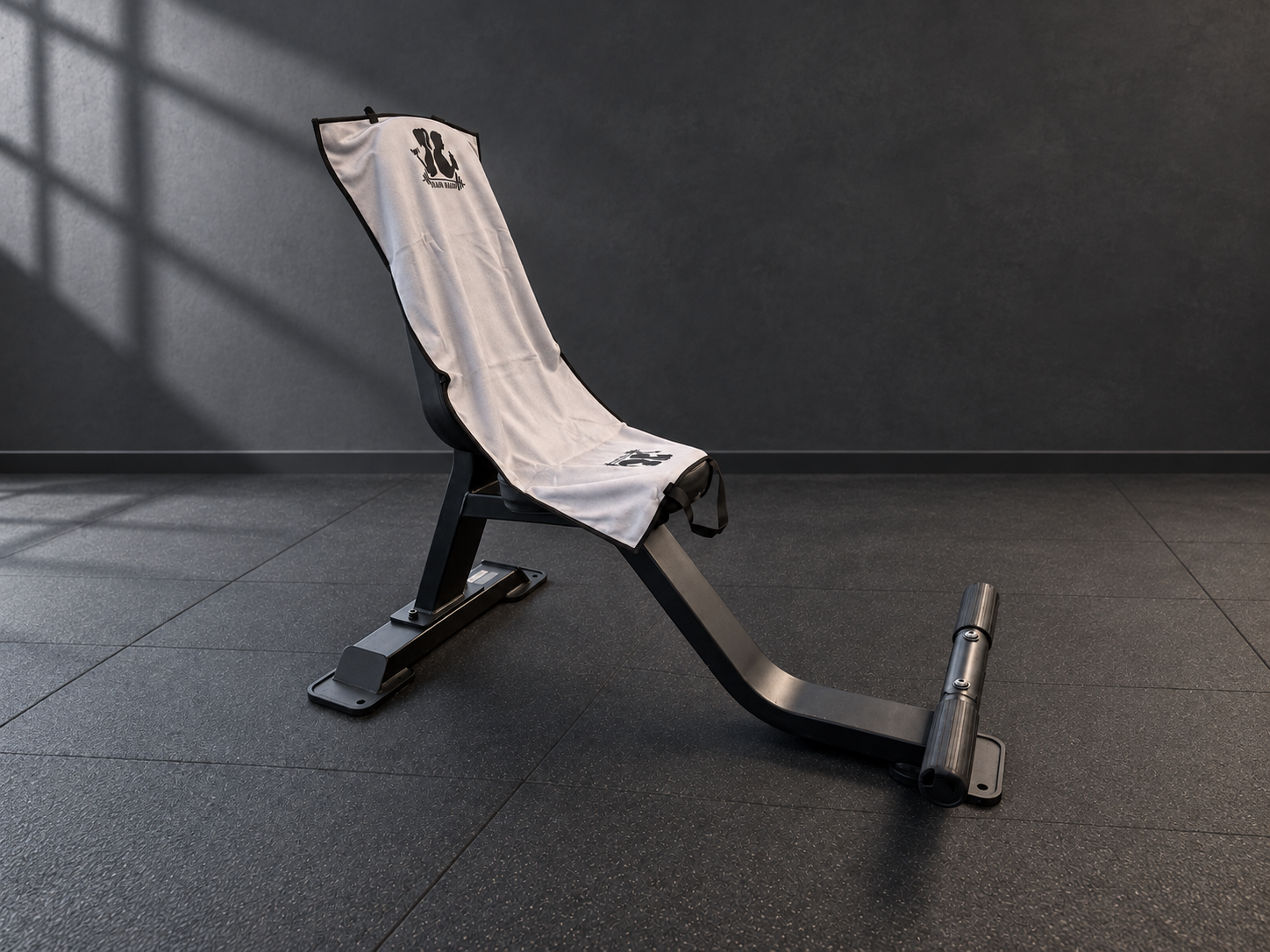 AI-edited setting · towel fitted over an incline bench.