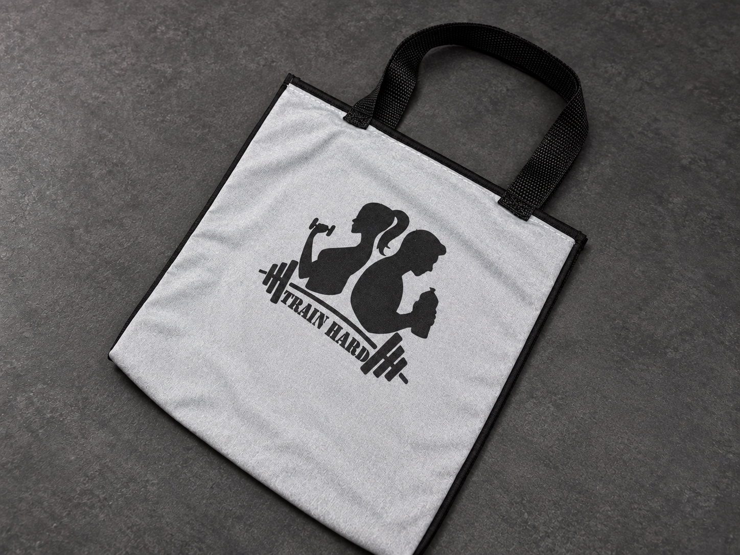 Original gray towel bag exterior with Train Hard branding